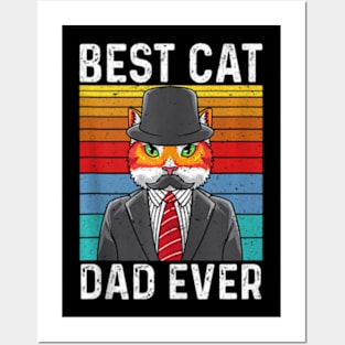 Best Cat Dad Ever Vintage Mustache Retro Sunset Fathers Day Posters and Art